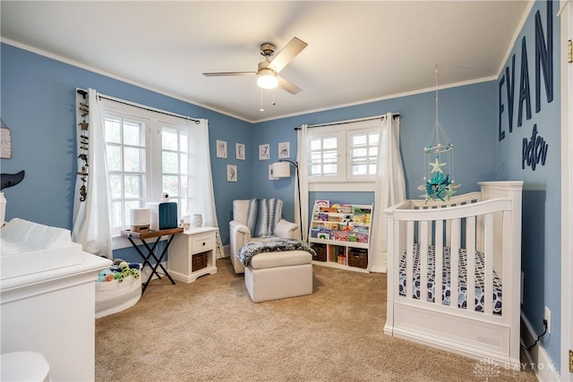 94 Patterson Rd, Oakwood, OH 45419 - carpeted bedroom featuring crown molding and a ceiling fan