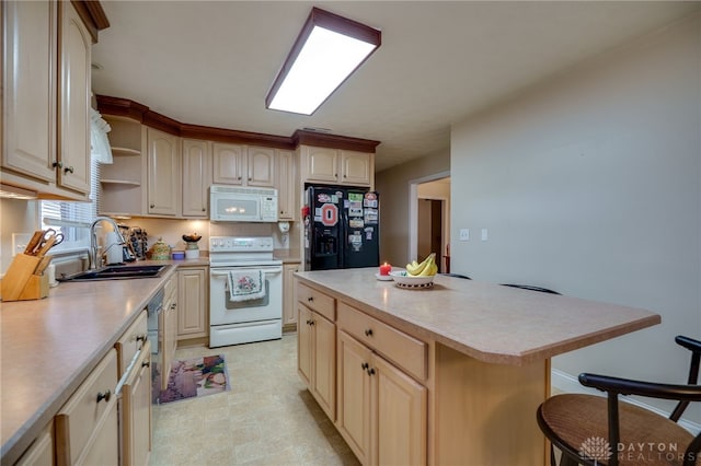9550 Paragon Rd, Dayton, OH 45458 - kitchen with open shelves, a sink, white appliances, light countertops, and a breakfast bar area
