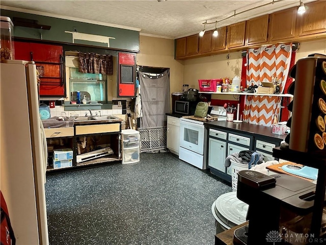 kitchen featuring white appliances, brown cabinets, a textured ceiling, and ornamental molding