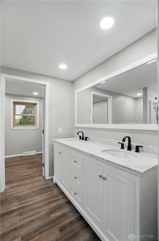 bathroom with a sink, double vanity, and wood finished floors