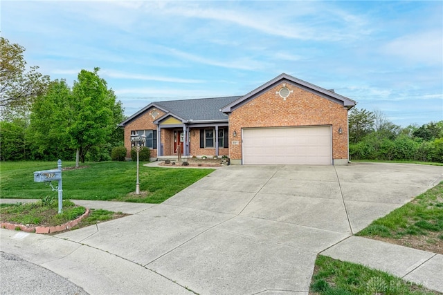 ranch-style home featuring an attached garage, driveway, a front lawn, and brick siding