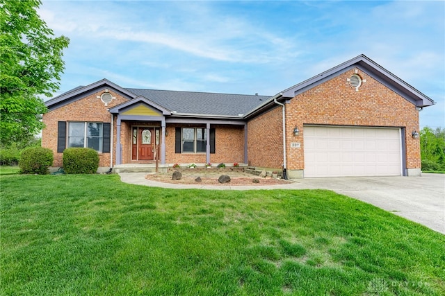 ranch-style house with concrete driveway, brick siding, a front yard, and a garage