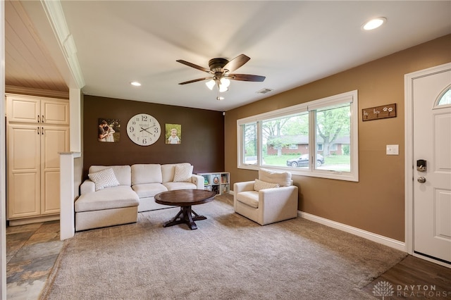2661 Powhattan Pl, Dayton, OH 45420 - living area with a ceiling fan, baseboards, visible vents, and recessed lighting