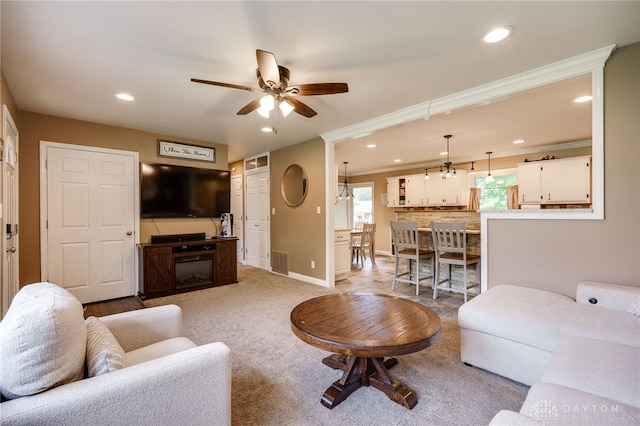 2661 Powhattan Pl, Dayton, OH 45420 - living room featuring visible vents, baseboards, ceiling fan, recessed lighting, and light colored carpet