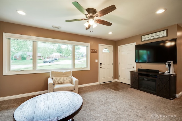 2661 Powhattan Pl, Dayton, OH 45420 - carpeted living room with visible vents, recessed lighting, baseboards, and ceiling fan