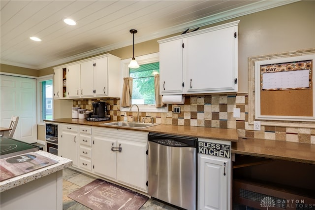 2661 Powhattan Pl, Dayton, OH 45420 - kitchen with crown molding, open shelves, dishwasher, a sink, and white cabinets