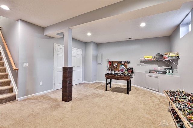 interior space with recessed lighting, carpet, and baseboards