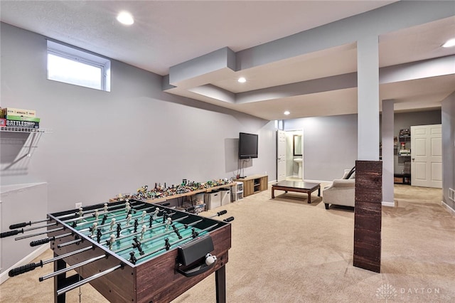 recreation room with recessed lighting, baseboards, and carpet