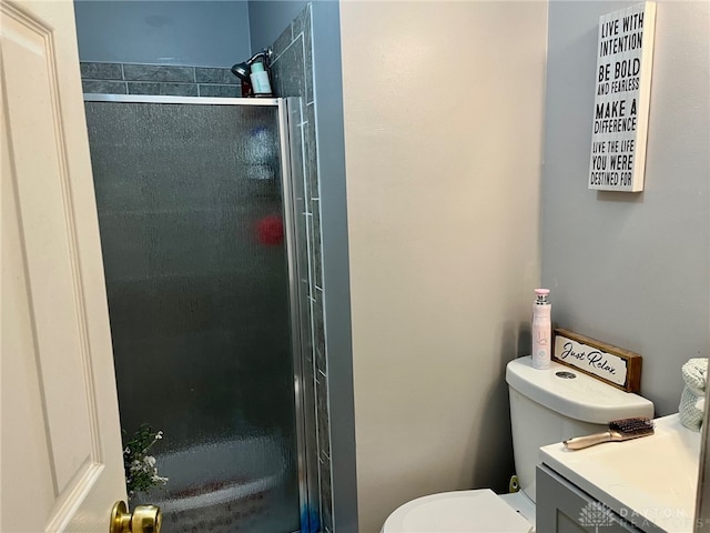 full bathroom featuring vanity, a stall shower, and toilet