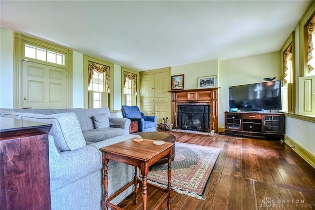 living area with baseboards, dark wood-style flooring, and a fireplace