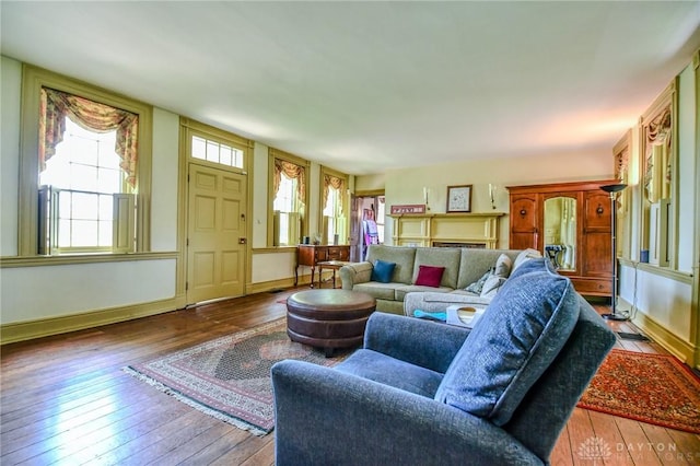 living area with baseboards and wood-type flooring