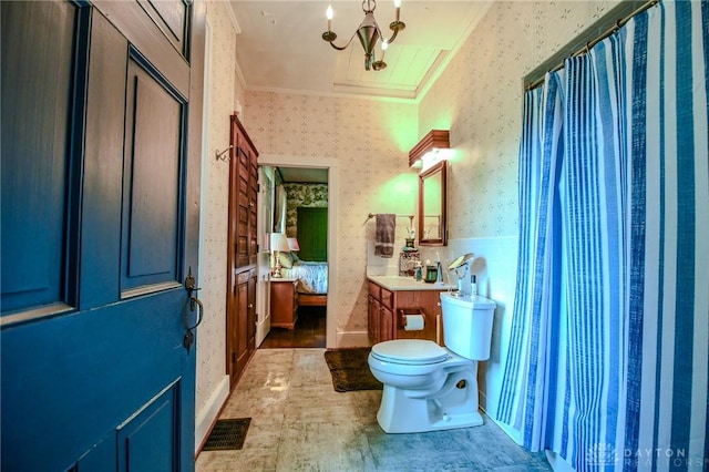 2100 Wagner Trace Dr, Beavercreek, OH 45431 - bathroom with wallpapered walls, toilet, ornamental molding, an inviting chandelier, and visible vents