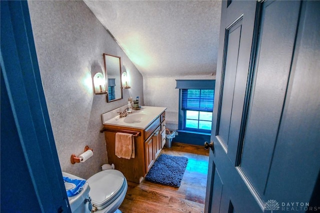 bathroom with lofted ceiling, a textured ceiling, vanity, wood finished floors, and a textured wall