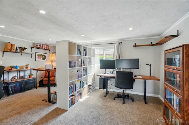 carpeted office space with recessed lighting, a textured ceiling, ornamental molding, and baseboards