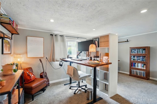carpeted office space featuring baseboards, recessed lighting, a textured ceiling, and crown molding