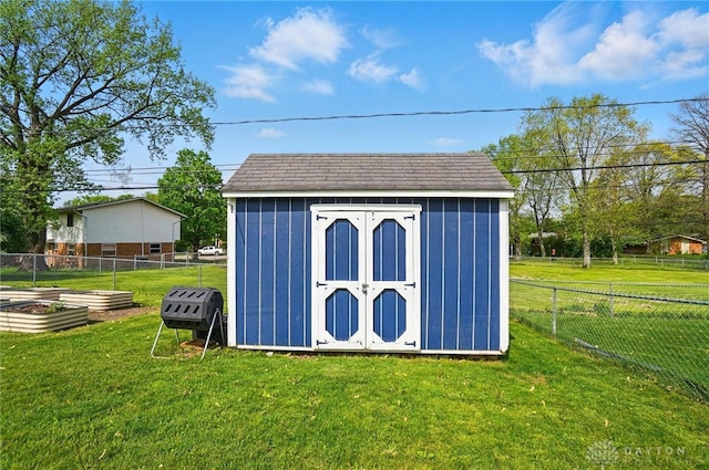 view of shed featuring a garden and a fenced backyard