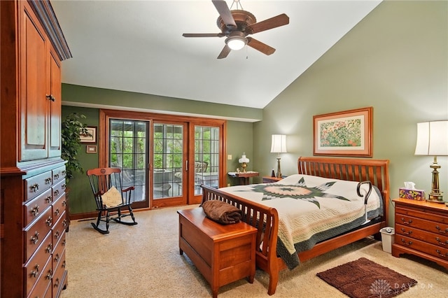 bedroom with high vaulted ceiling, access to outside, light carpet, and ceiling fan