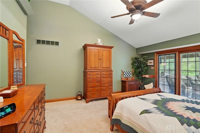 bedroom featuring ceiling fan, light colored carpet, high vaulted ceiling, baseboards, and visible vents
