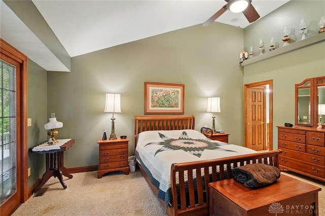 carpeted bedroom with baseboards, ceiling fan, beam ceiling, and high vaulted ceiling
