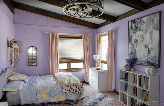 bedroom featuring lofted ceiling with beams and light carpet