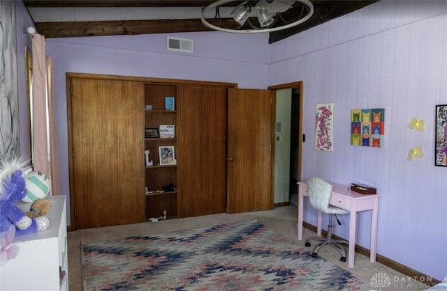 bedroom with vaulted ceiling with beams, carpet flooring, and visible vents