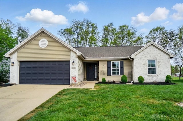 2481 Byers Ridge Dr, Miamisburg, OH 45342 - single story home with brick siding, a front lawn, concrete driveway, an attached garage, and a shingled roof