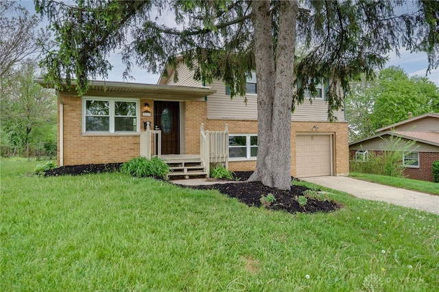 split level home with brick siding, an attached garage, driveway, and a front lawn