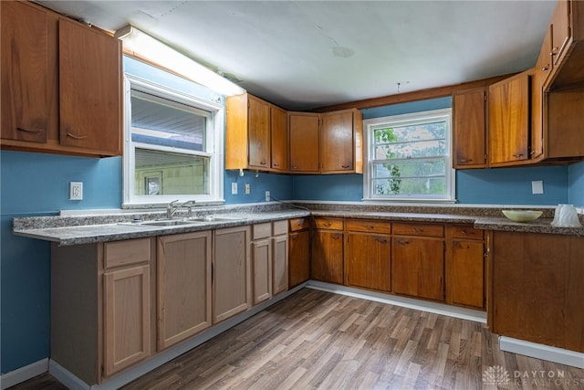 kitchen featuring a sink, brown cabinets, and light wood-type flooring