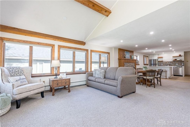 10125 Seminole Shore Dr, Huntsville, OH 43324 - living room with light carpet, a healthy amount of sunlight, and recessed lighting