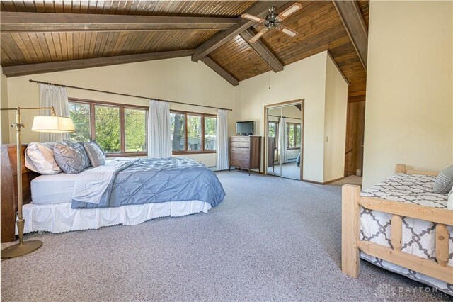 10125 Seminole Shore Dr, Huntsville, OH 43324 - bedroom featuring carpet flooring, high vaulted ceiling, beam ceiling, baseboards, and wooden ceiling