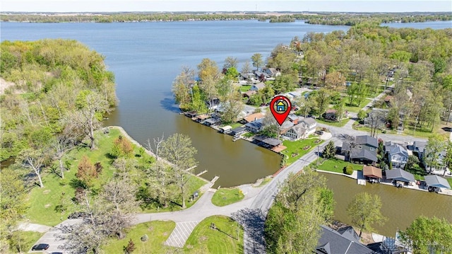 10125 Seminole Shore Dr, Huntsville, OH 43324 - birds eye view of property with a water view and a residential view