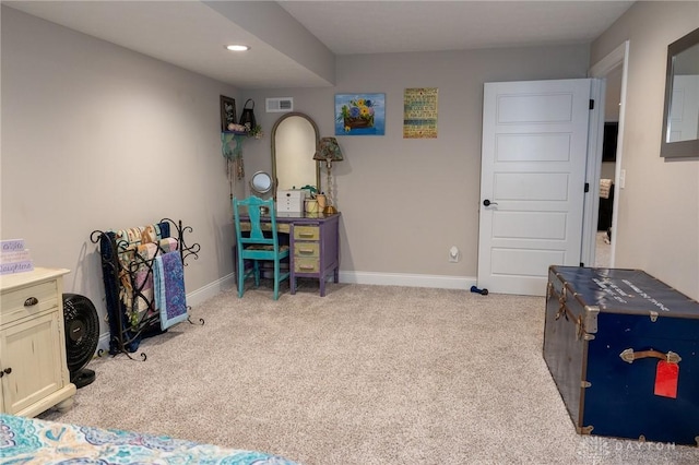 interior space featuring carpet floors, baseboards, recessed lighting, and visible vents