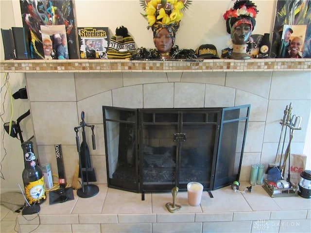 room details with a tile fireplace
