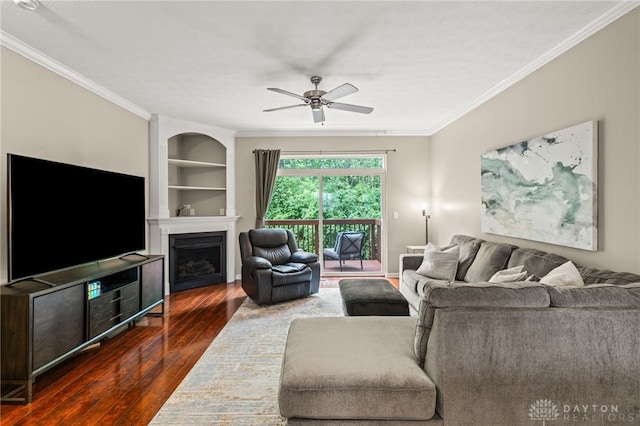 4266 Straight Arrow Rd, Beavercreek, OH 45430 - living room with crown molding, a ceiling fan, built in features, and dark wood-style floors