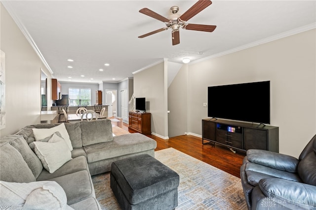 4266 Straight Arrow Rd, Beavercreek, OH 45430 - living room featuring recessed lighting, ornamental molding, ceiling fan, and dark wood-style floors