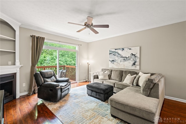 4266 Straight Arrow Rd, Beavercreek, OH 45430 - living room featuring baseboards, ornamental molding, a ceiling fan, and hardwood / wood-style flooring