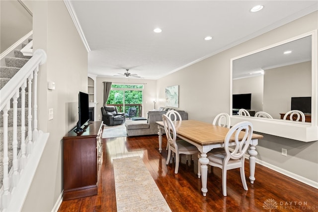 4266 Straight Arrow Rd, Beavercreek, OH 45430 - dining space with a ceiling fan, dark wood finished floors, stairway, ornamental molding, and recessed lighting