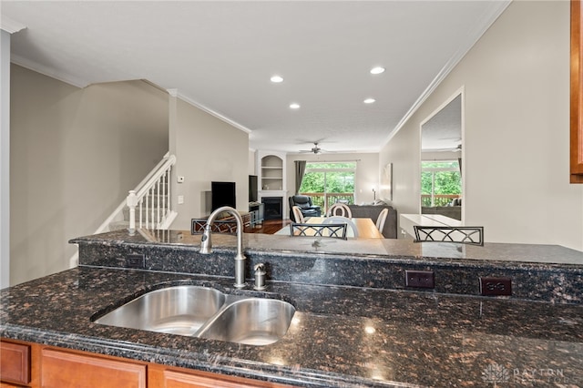 4266 Straight Arrow Rd, Beavercreek, OH 45430 - kitchen featuring ornamental molding, open floor plan, ceiling fan, recessed lighting, and a sink