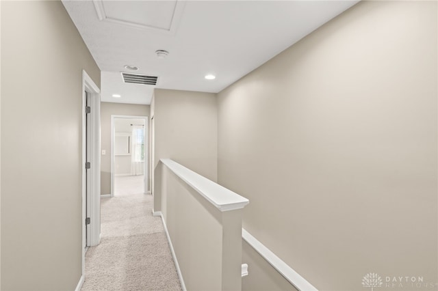4266 Straight Arrow Rd, Beavercreek, OH 45430 - hallway with visible vents, baseboards, an upstairs landing, light carpet, and recessed lighting