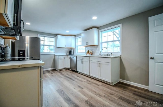 2004 N Reardon Dr, Dayton, OH 45420 - kitchen with a sink, tasteful backsplash, light wood finished floors, white cabinets, and appliances with stainless steel finishes