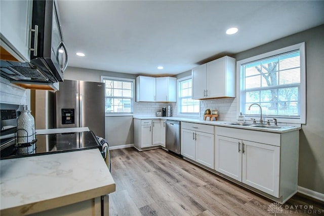 2004 N Reardon Dr, Dayton, OH 45420 - kitchen featuring backsplash, white cabinets, appliances with stainless steel finishes, and a sink