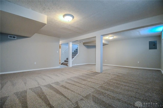 2004 N Reardon Dr, Dayton, OH 45420 - finished below grade area with carpet flooring, electric panel, a textured ceiling, visible vents, and stairs