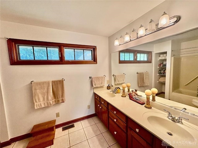 bathroom featuring double vanity, visible vents, tile patterned flooring, and a sink