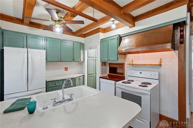 214 Henry St, Dayton, OH 45403 - kitchen featuring white appliances, green cabinets, beam ceiling, a ceiling fan, and backsplash