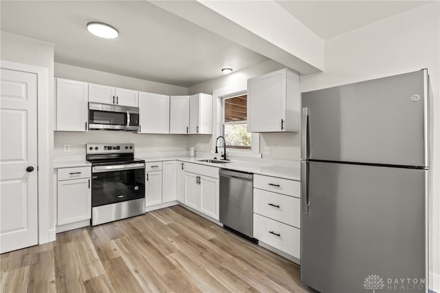709 E Dorothy Ln, Dayton, OH 45419 - kitchen featuring light wood-style flooring, a sink, stainless steel appliances, white cabinetry, and light countertops