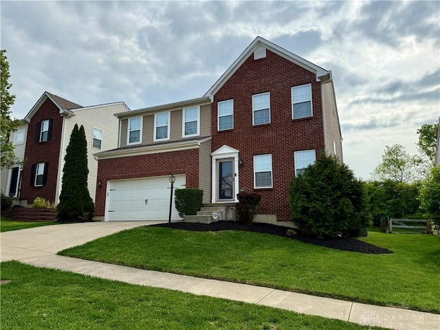 view of front of home featuring a front yard, an attached garage, brick siding, and driveway