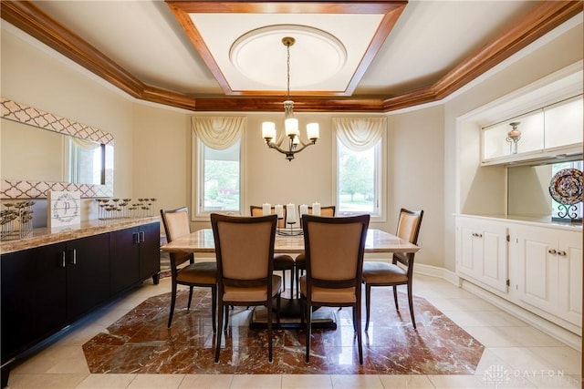 dining space with ornamental molding, a raised ceiling, a notable chandelier, and plenty of natural light