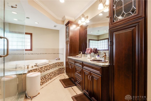 bathroom featuring vanity, ornamental molding, a wealth of natural light, and a bath