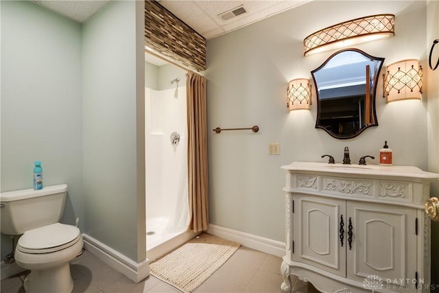 bathroom with toilet, vanity, visible vents, and a shower stall