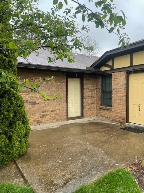 entrance to property with roof with shingles, a patio, and brick siding